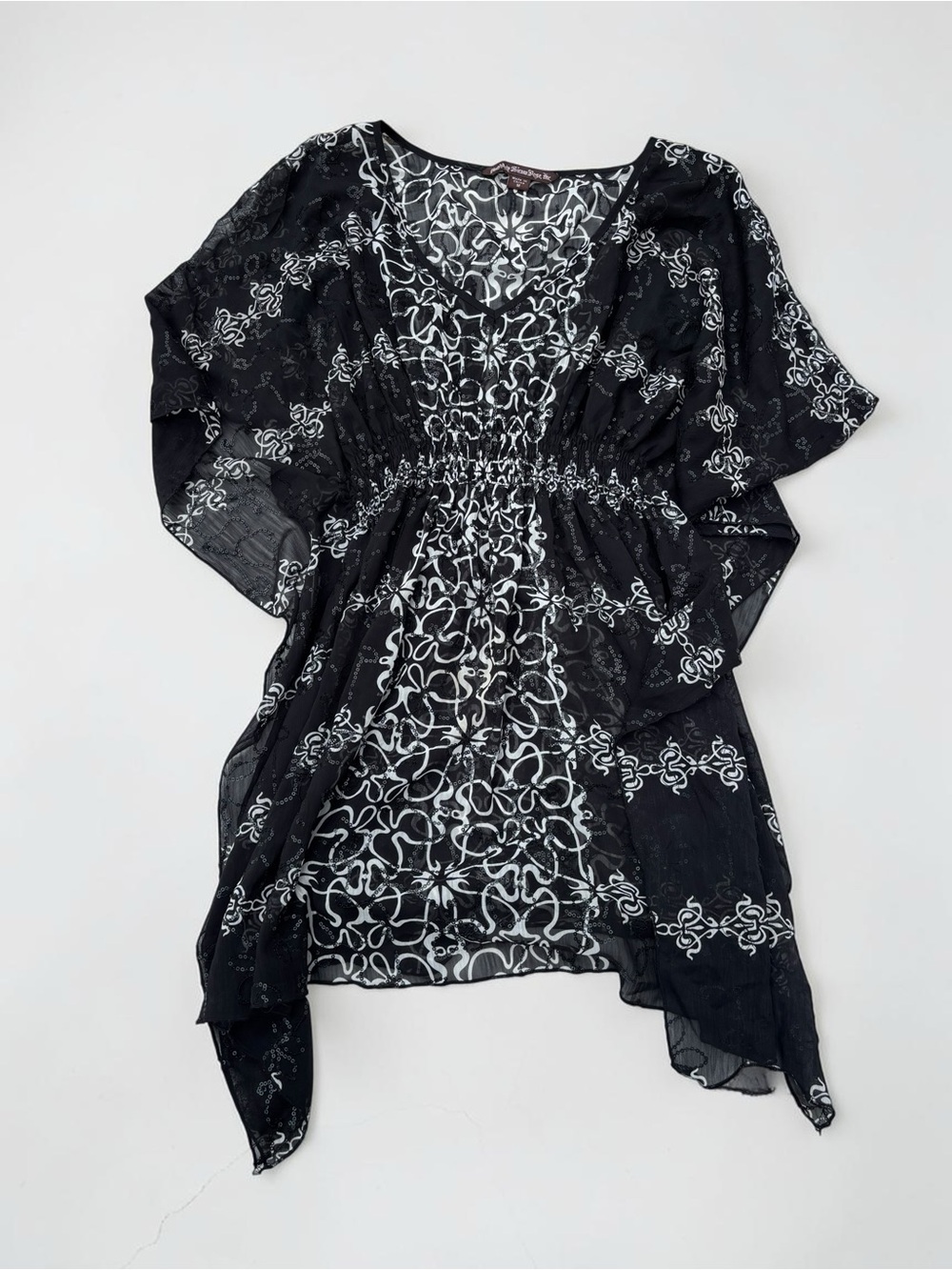 Y2K Black White Sequin Abstract Scroll Tunic Sheer Flutter Sleeve Floral Boho M
